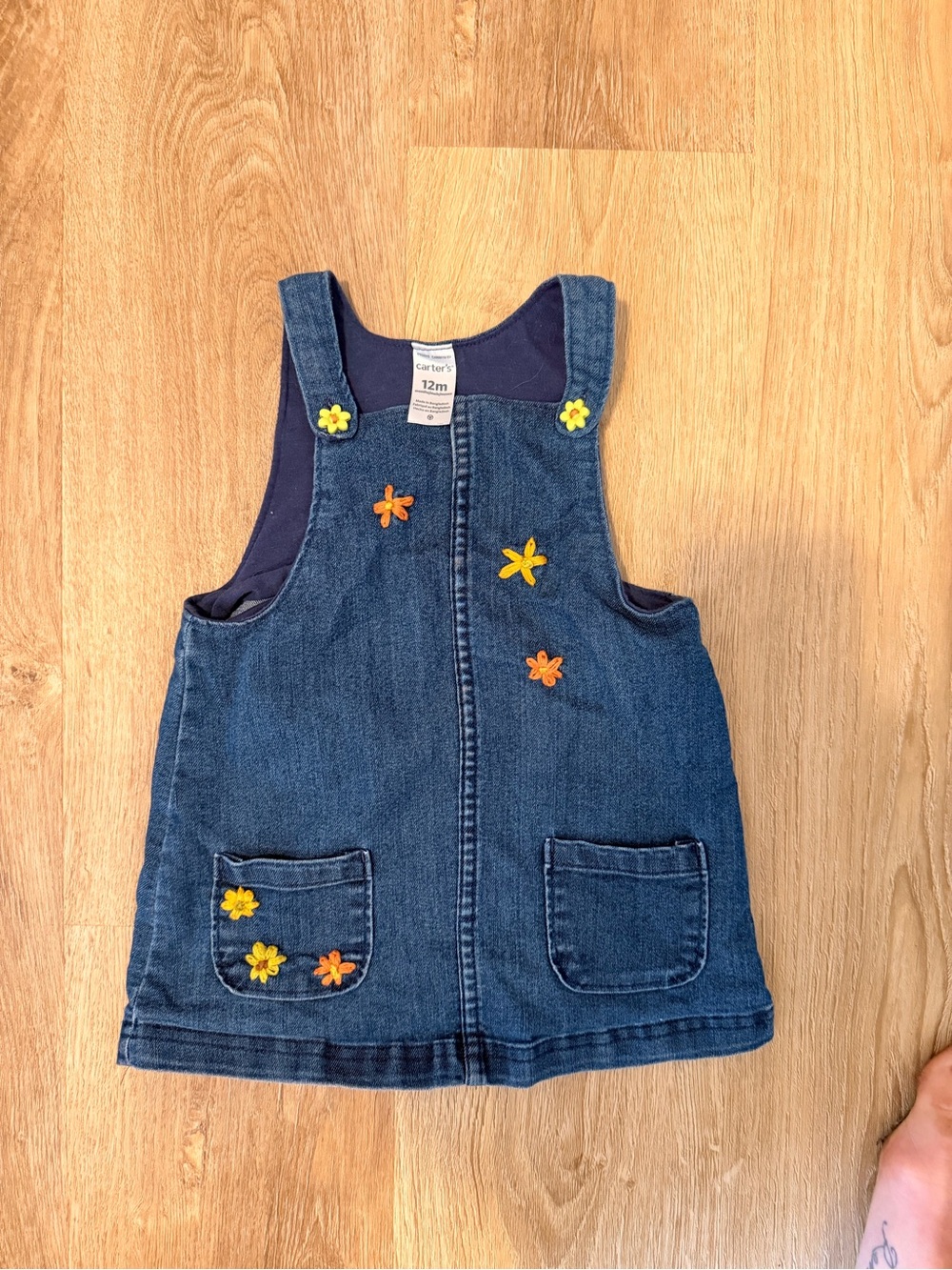 Carter's Baby Girls' Denim Pinafore Dress - Navy Blue with Flower Appliqués